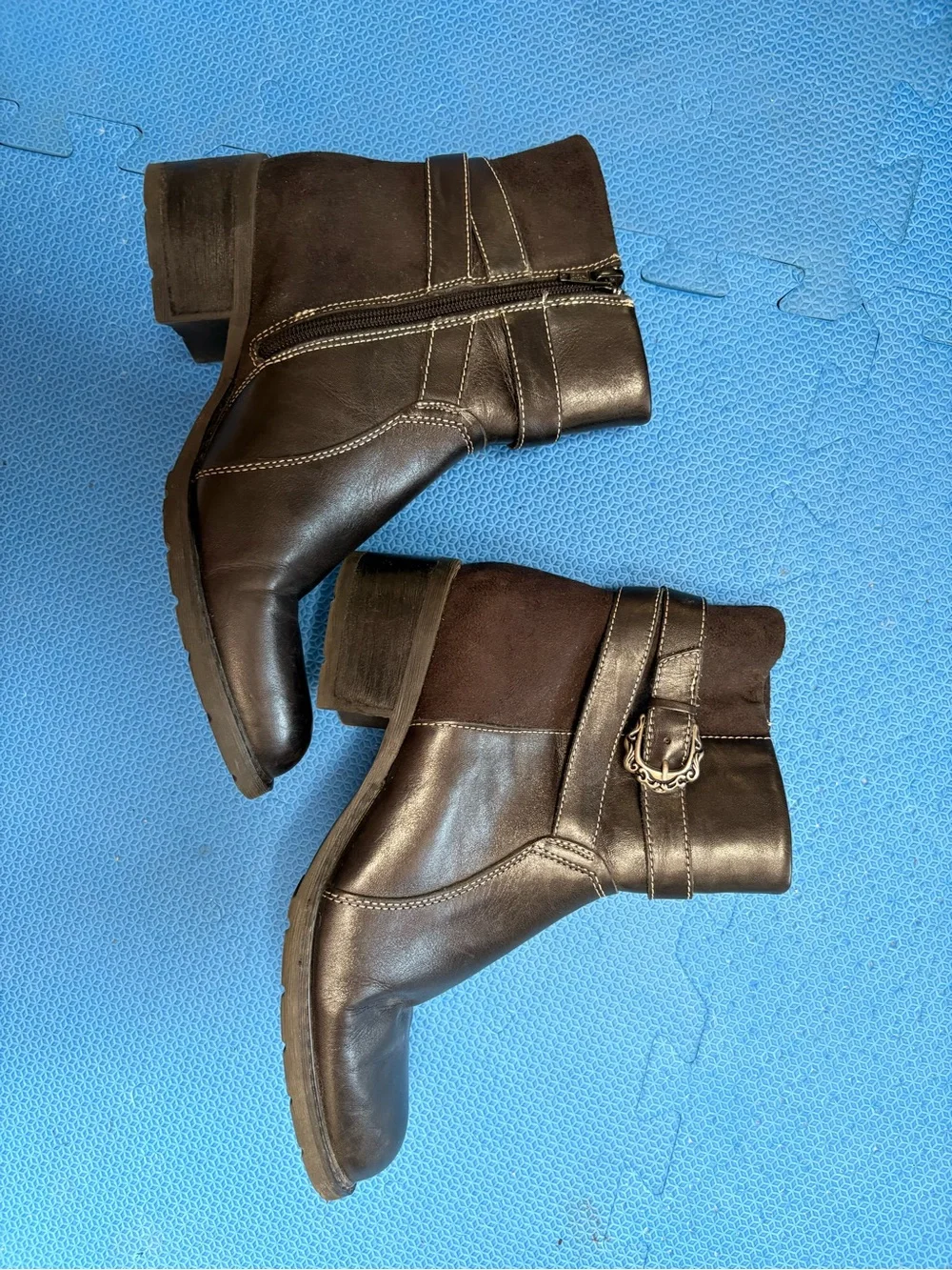 BareTraps Dark Black Leather & Suede Buckle Ankle Boots